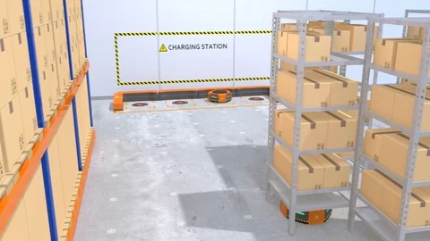Warehouse robots and drone carrying goods Stock Footage 77342671