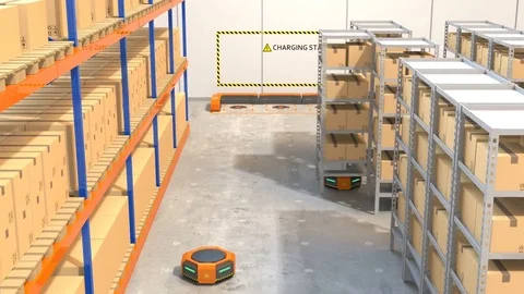 Warehouse robots carrying goods automatically Stock Footage 77342691