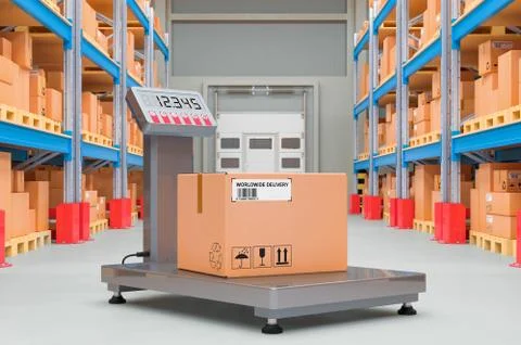 Warehouse scale with parcel in storehouse, 3D rendering Stock Illustration