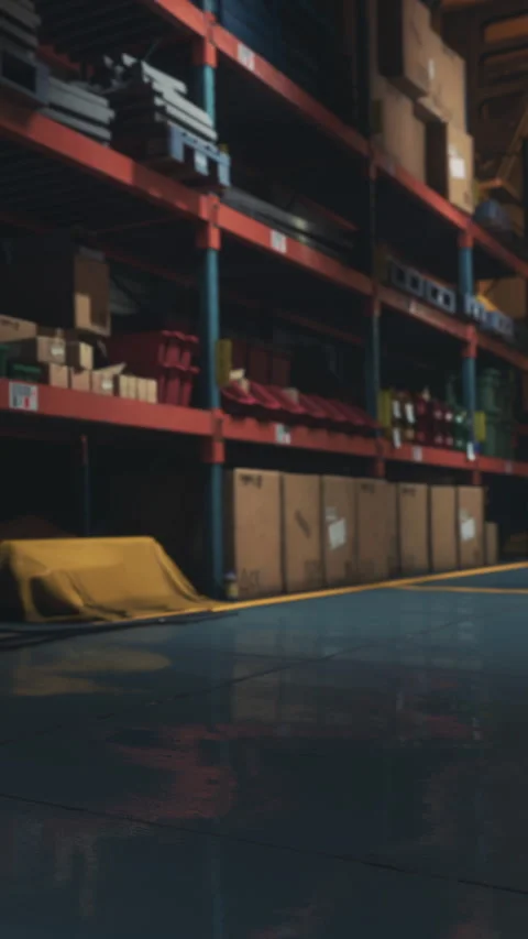 Warehouse scene showing covered items and storage shelves at night Vidéo 338413664