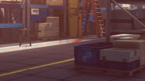 Warehouse setting with boxes, ladder, and carts during daytime Stock Footage 343497262