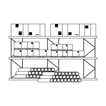 Warehouse shelf with boxes pvc pipes and merchandise in black and white Stock Illustration