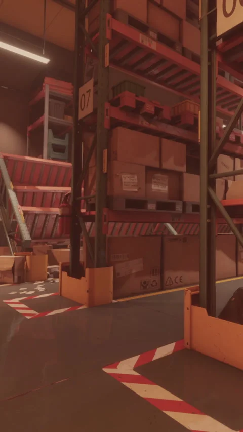 Warehouse with shelves and boxes during daytime in a storage area Stock Footage 338419225