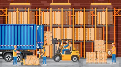 Warehouse shelves with boxes and mover Stock Illustration
