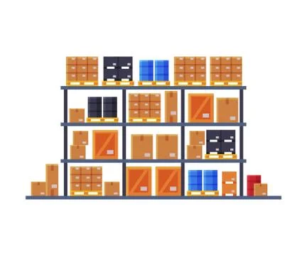 Warehouse Shelves with Cardboard Boxes Flat Style Vector Illustration on White Illustrazione stock