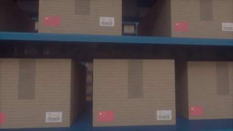 Warehouse Shelves Filled With Cardboard Boxes Marked With China Flag Stock Footage 332368262