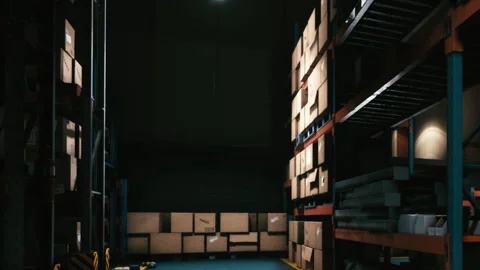 Warehouse with shelves full of boxes at night Vidéo 342046202
