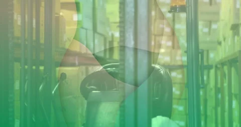 Warehouse shelves stacked with boxes, featuring animation of abstract green Stock-Footage 306265621