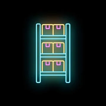Warehouse shelving boxes neon glowing storing inventory icon Stockillustratie