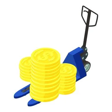 Warehouse shipping icon isometric vector. Big golden coin stack on hand forklift Stock Illustration