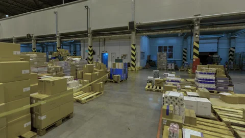 Warehouse slide to the right. Motion time lapse. UHD 4K Stock Footage 120388679