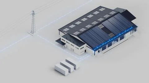 Warehouse Solar Grid Battery System Isometric View Stock Photos