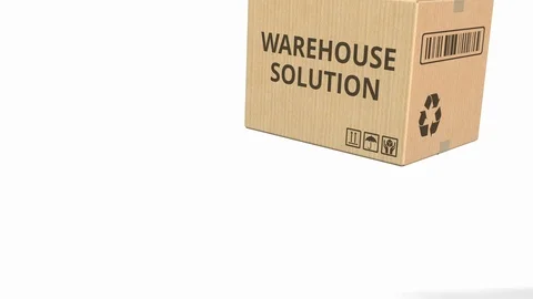 WAREHOUSE SOLUTION text on a warehouse carton. 3D animation Stock Footage 97765269