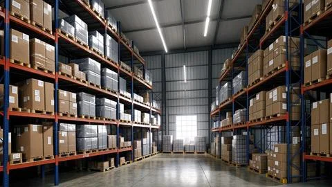 Warehouse space. warehouse interior with shelves, pallets and boxes. Big di.. Illustrazione stock