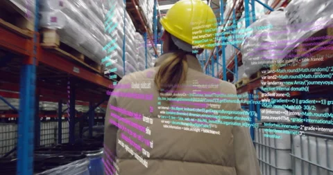 Warehouse specialist walking deeper into aisle, activating AR code overlay for Stock Footage 312468416