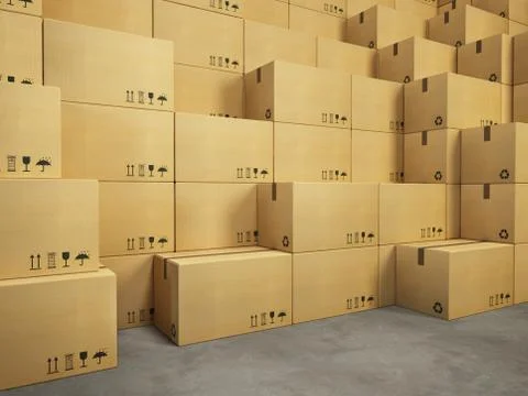 Warehouse with stack of cardboard boxes Stock Illustration
