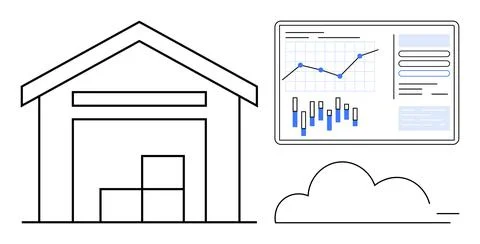 Warehouse with stacked boxes and analytics dashboard featuring graphs and dat イラスト素材