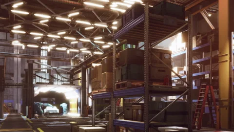 Warehouse with stacked boxes and bright lighting in a busy area Stock Footage 344377149