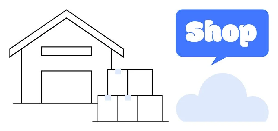 Warehouse with Stacked Boxes and Cloud-Shaped Shop Sign イラスト素材