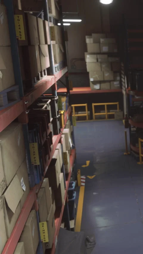 Warehouse with stacked boxes and empty aisle during daytime work hours Stock Footage 338417649