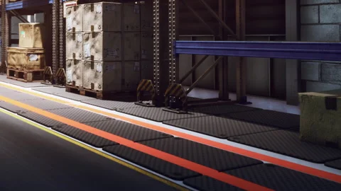Warehouse with stacked boxes and rubber flooring in a storage area Stock Footage 342048263