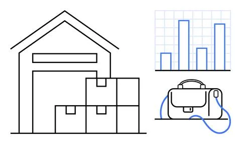 Warehouse with stacked boxes, bar chart on grid background, and business brie Stockillustratie