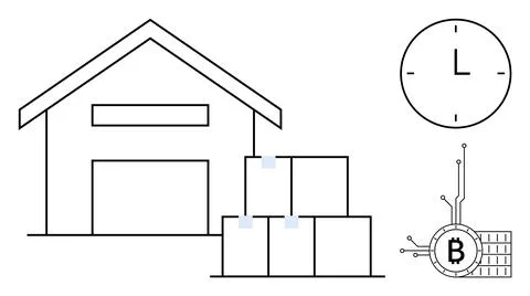 Warehouse with Stacked Boxes, Clock, and Bitcoin Symbol Illustrazione stock