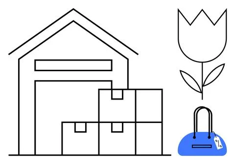Warehouse with Stacked Boxes, Flower, and Handbag Representing Storage, Nat.. Illustration