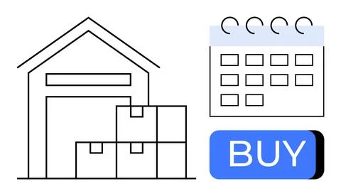 Warehouse with stacked boxes next to a calendar and a buy button. Ideal for e 스톡 일러스트