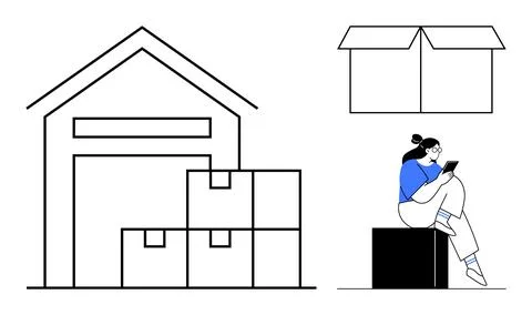 Warehouse with stacked boxes, one open box, and a person sitting on a box, us Stockillustratie