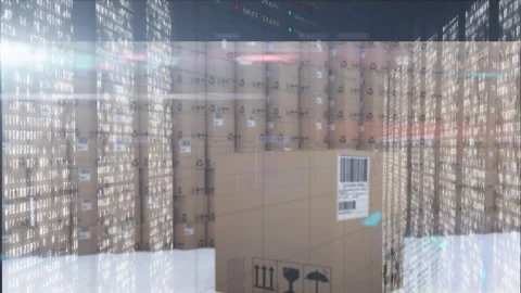 Warehouse stacked with boxes overlaid with digital data and coding animation Stock Footage 303556343