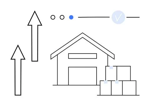Warehouse with stacked boxes, upward arrows, progress circles, and checkmark. Ilustración de archivo