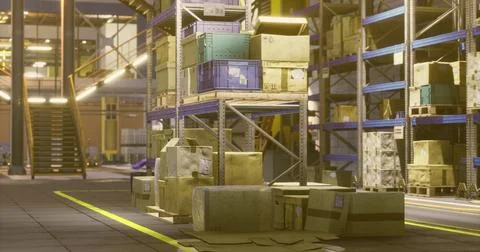 Warehouse stacked high with boxes during evening hours near loading bay Stock Illustration