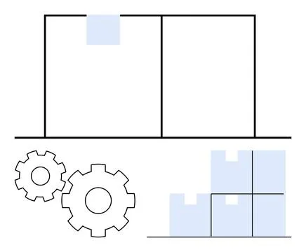 Warehouse with stacking boxes, dividing walls, and gears representing logis.. Stock Illustration