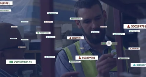 Warehouse staff inspecting component, using floating tags showing codes during Видео 309721628