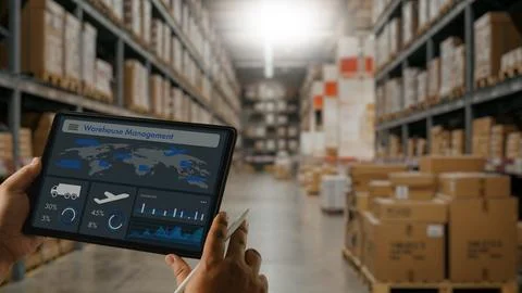 Warehouse staff using tablet dashboard for inventory tracking, shipping ana.. Stock Photos