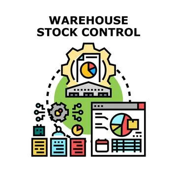 Warehouse stock control system managing inventory logistics process Illustrazione stock