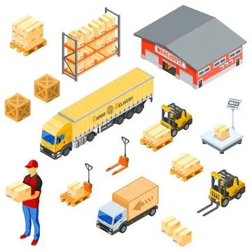 Warehouse Storage and Delivery Isometric Icons Set 库存插图