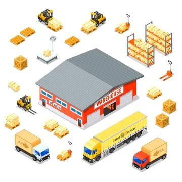 Warehouse Storage and Delivery Isometric Icons Set 库存插图