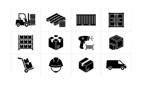 Warehouse storage and logistics delivery icons in black silhouette Stock Illustration