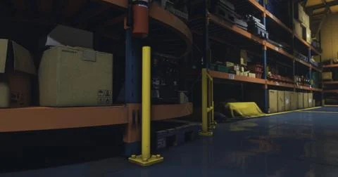 Warehouse storage area filled with boxes and equipment on shelves Illustration