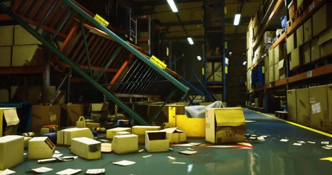 Warehouse storage area shows disarray and scattered packages during day Stock Footage 308204104