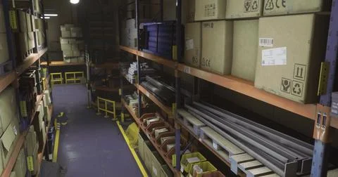 Warehouse storage with boxes and materials organized on shelves Stock Illustration