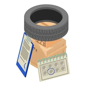 Warehouse storage icon isometric vector. Car tire on postal parcel and clipboard Stock Illustration