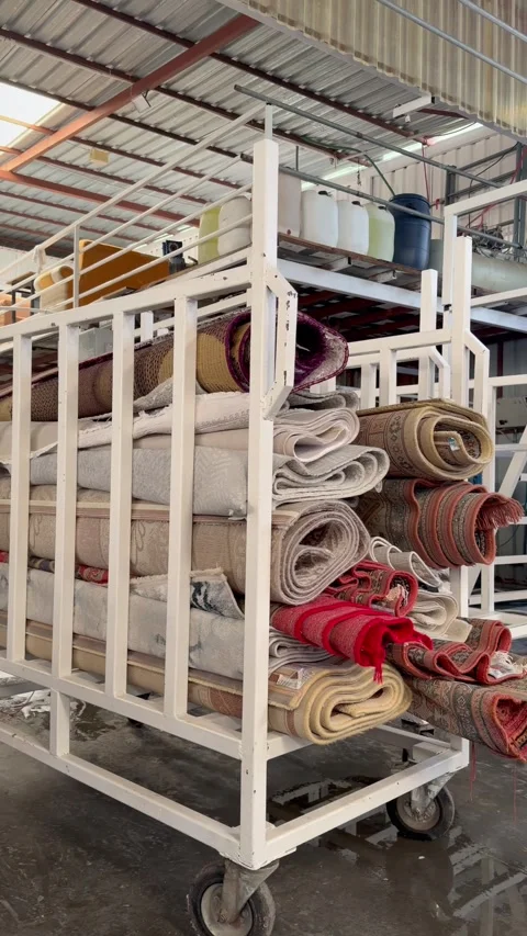 Warehouse storage racks with rolled carpets and rugs Stock Footage 337877315