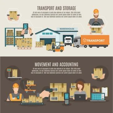 Warehouse storeroom flat banners composition poster Stock Illustration