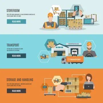 Warehouse storeroom interactive flat banners set Stock Illustration