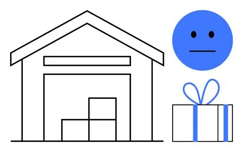 Warehouse storing boxes, a blue gift package with ribbon, and an expressionle Stock Illustration
