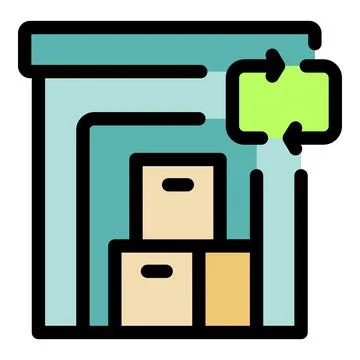 Warehouse storing boxes with return policy indicated by recycling symbol Stock Illustration