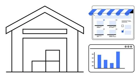 Warehouse storing goods with e-commerce storefront interface and analytics da Stock Illustration